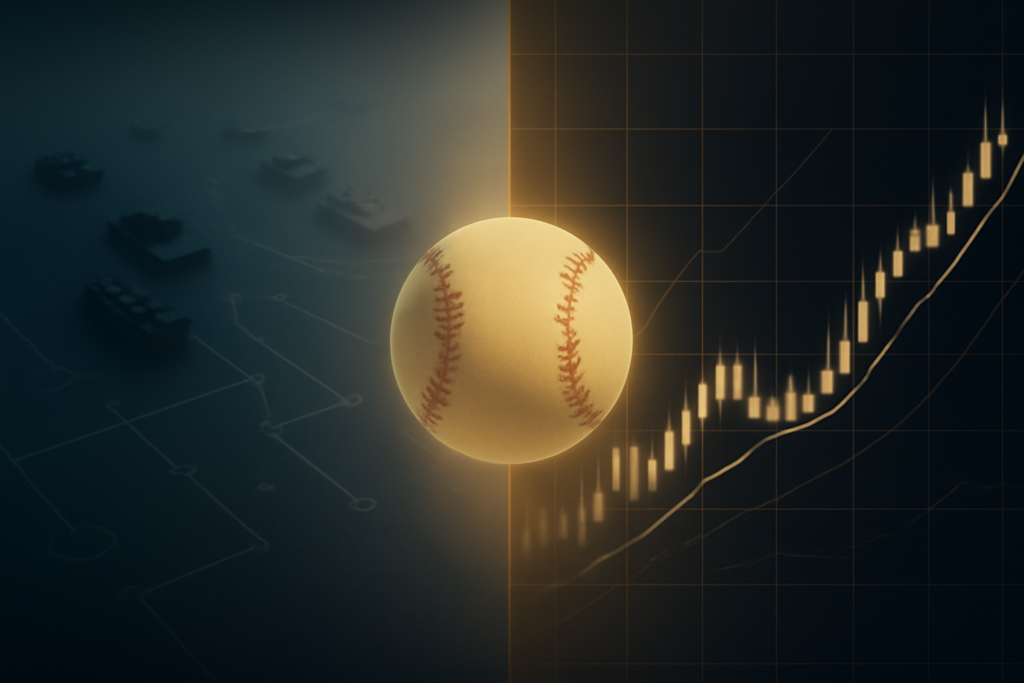 Minimalist dark conceptual image with a glowing baseball centered between a battlefield and financial graph, symbolizing how the language of war and money overlap in modern sports