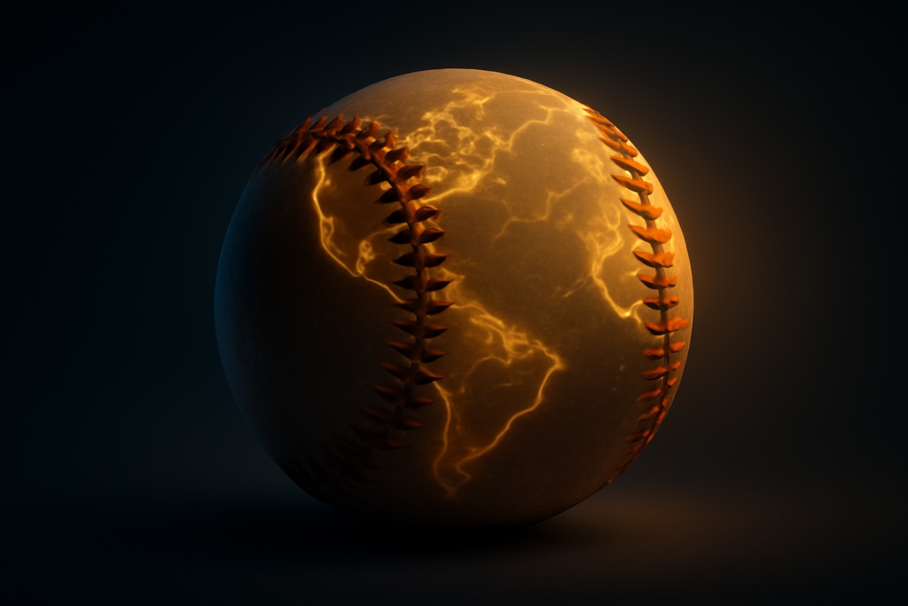 Realistic baseball glowing softly in darkness with luminous vein-like patterns suggesting continents, symbolizing the global reach of modern baseball and the precise alignment of language and reality