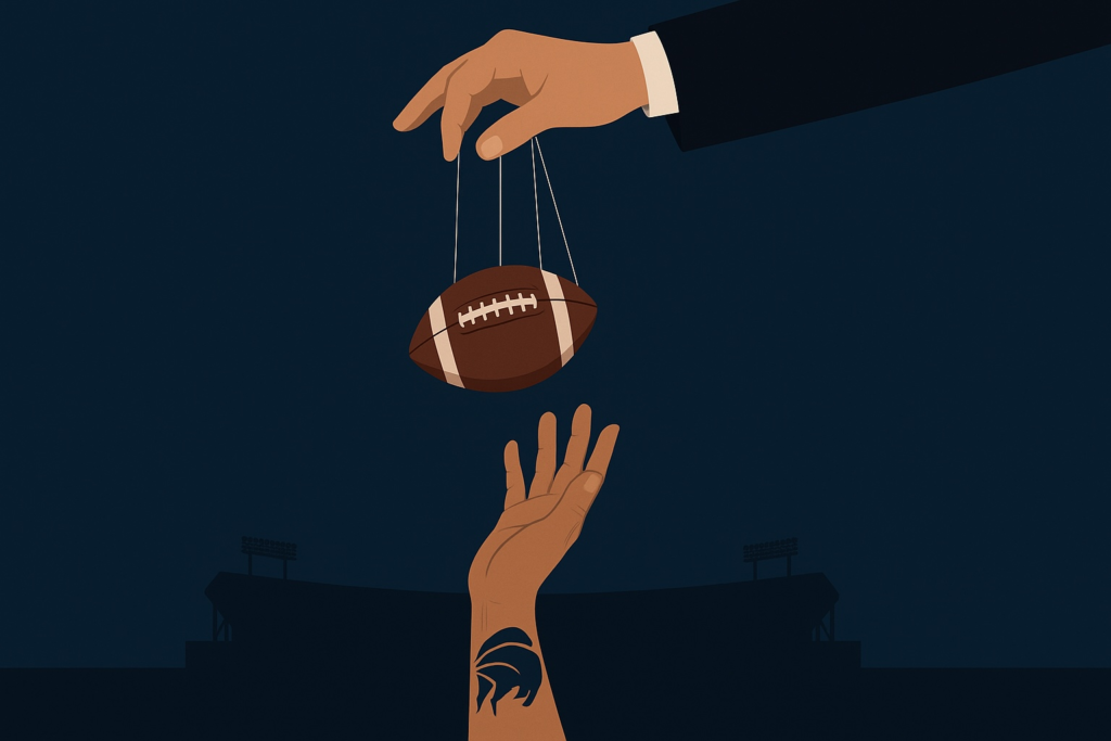 Owner holding football on strings above fan reaching up symbolizing power imbalance in stadium negotiations