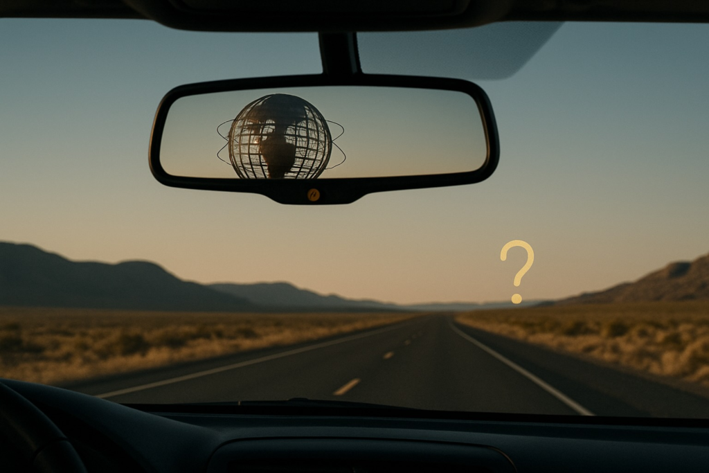A rearview mirror reflecting the Queens Unisphere while an open desert highway stretches ahead with a single gold question mark on the horizon, symbolizing uncertainty about the future.